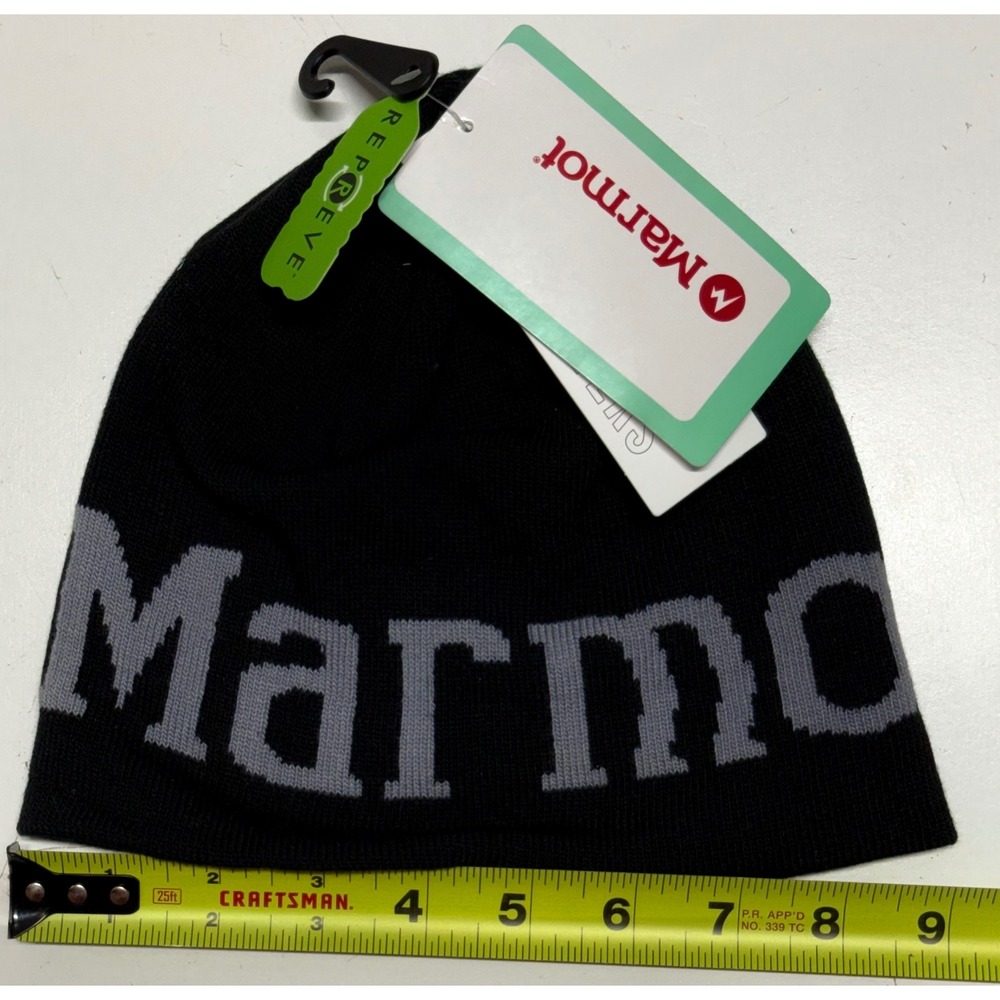 Marmot Wordmark Beanie Black Grey Knit Recycled Repreve Hat‎ 68419636 NEW